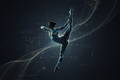 Abstract dancer silhouette with anatomical overlays highlighting muscle groups and biomechanical energy pathways