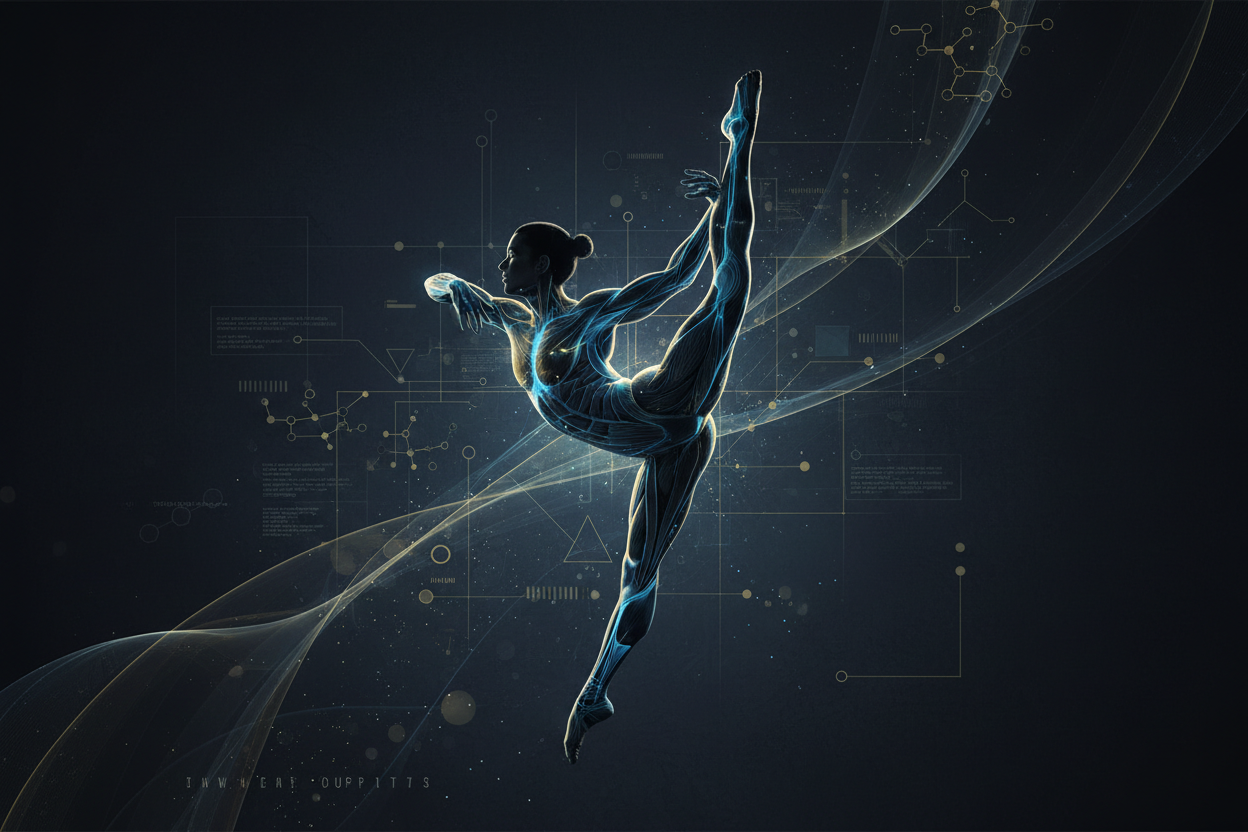 Abstract dancer silhouette with anatomical overlays highlighting muscle groups and biomechanical energy pathways