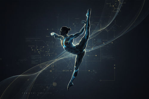 Abstract dancer silhouette with anatomical overlays highlighting muscle groups and biomechanical energy pathways